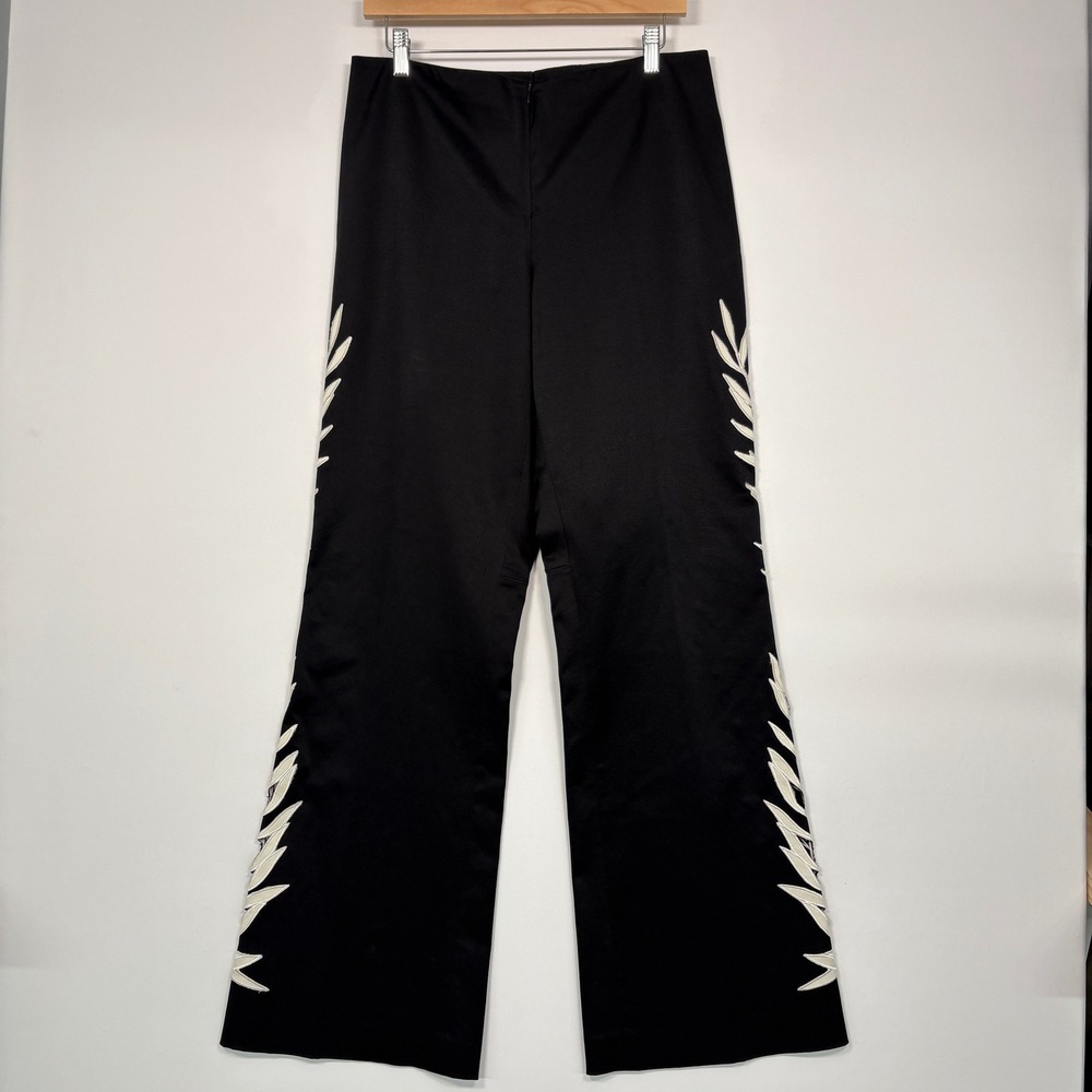 Cache Women Pants Size 12 Black Embroidered Leaf Side Stripe Flare Leg